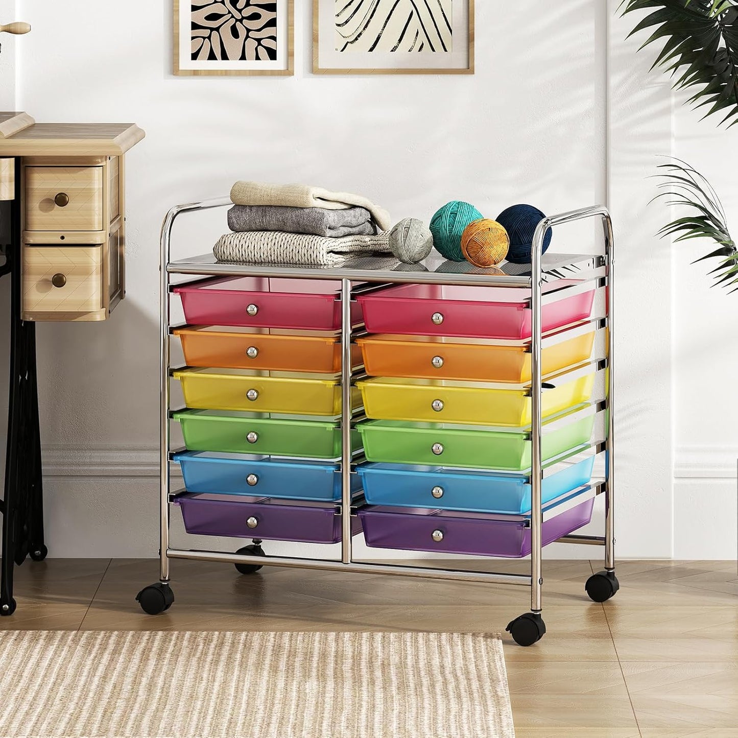10-Drawer Rolling Storage Cart, Utility Mobile Trolley | Removable Drawers & Universal Casters & 2 Brakes, Versatile Flexible Drawer Organizer Cart for Home, Office (Yellow)