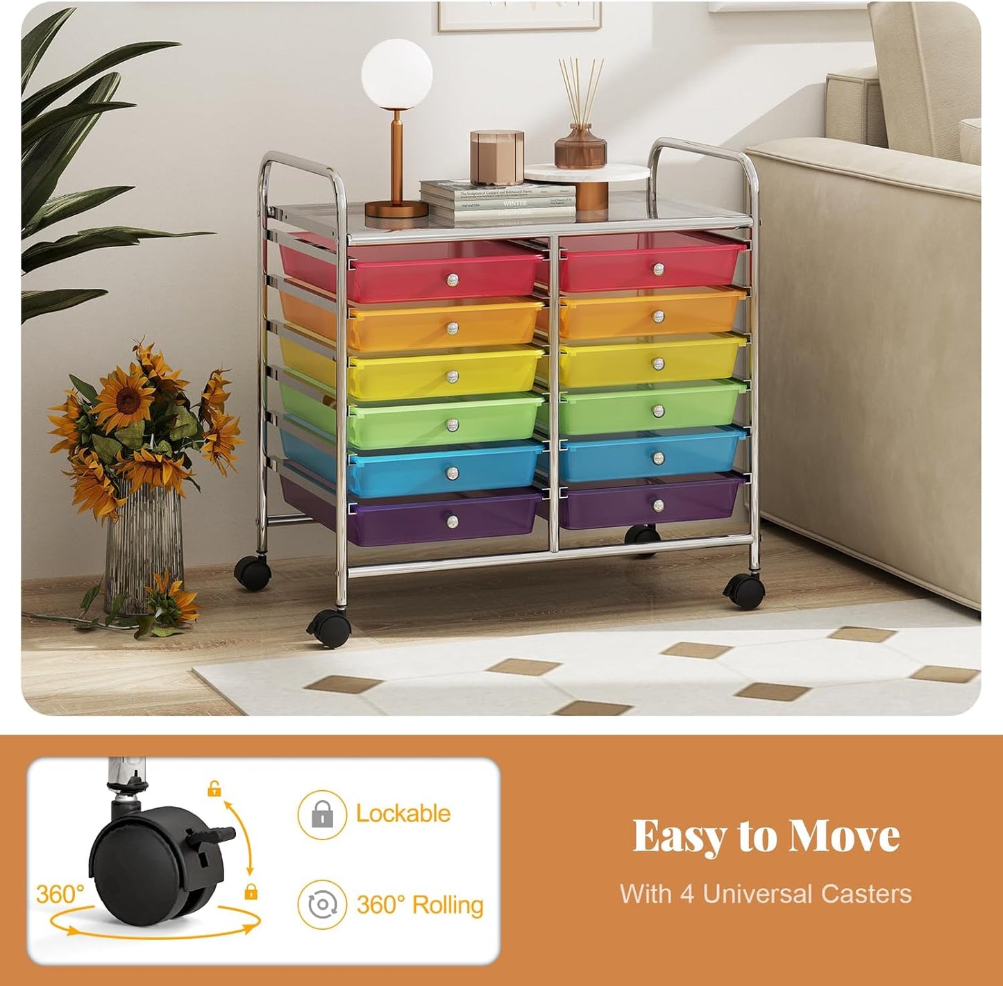 10-Drawer Rolling Storage Cart, Utility Mobile Trolley | Removable Drawers & Universal Casters & 2 Brakes, Versatile Flexible Drawer Organizer Cart for Home, Office (Yellow)