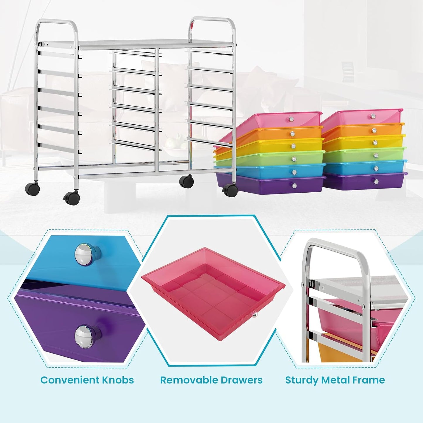 10-Drawer Rolling Storage Cart, Utility Mobile Trolley | Removable Drawers & Universal Casters & 2 Brakes, Versatile Flexible Drawer Organizer Cart for Home, Office (Yellow)