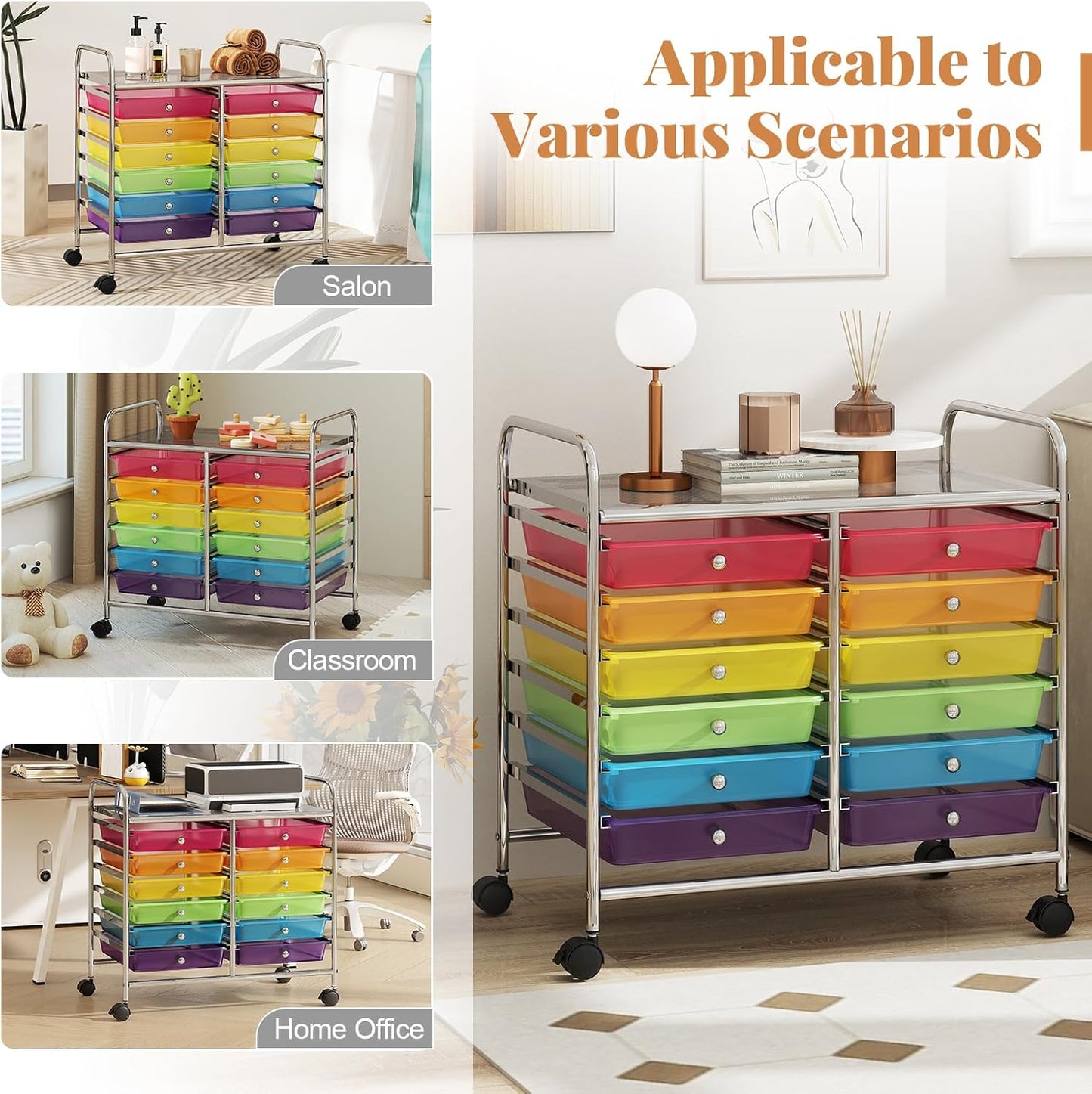 10-Drawer Rolling Storage Cart, Utility Mobile Trolley | Removable Drawers & Universal Casters & 2 Brakes, Versatile Flexible Drawer Organizer Cart for Home, Office (Yellow)