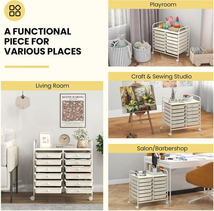 10-Drawer Rolling Storage Cart, Utility Mobile Trolley | Removable Drawers & Universal Casters & 2 Brakes, Versatile Flexible Drawer Organizer Cart for Home, Office (Yellow)