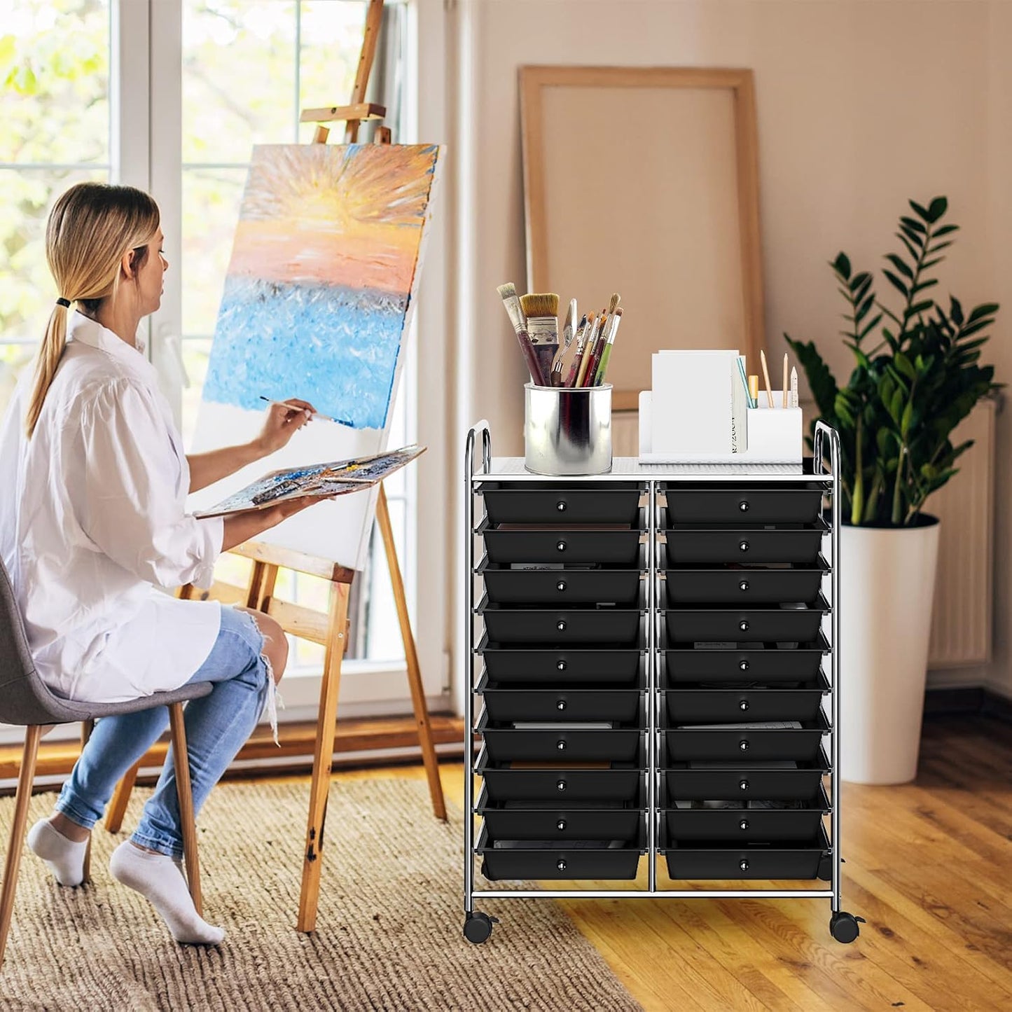 10-Drawer Rolling Storage Cart, Utility Mobile Trolley | Removable Drawers & Universal Casters & 2 Brakes, Versatile Flexible Drawer Organizer Cart for Home, Office (Yellow)