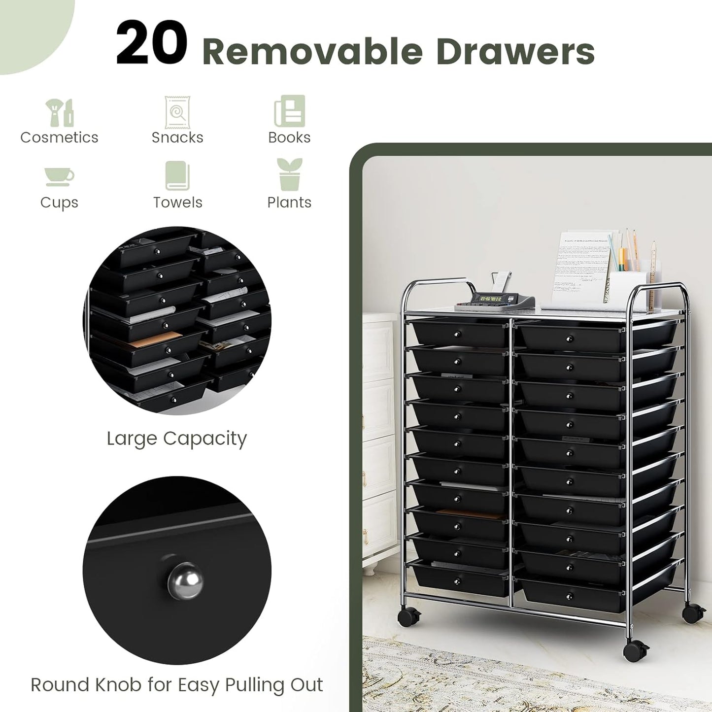 10-Drawer Rolling Storage Cart, Utility Mobile Trolley | Removable Drawers & Universal Casters & 2 Brakes, Versatile Flexible Drawer Organizer Cart for Home, Office (Yellow)