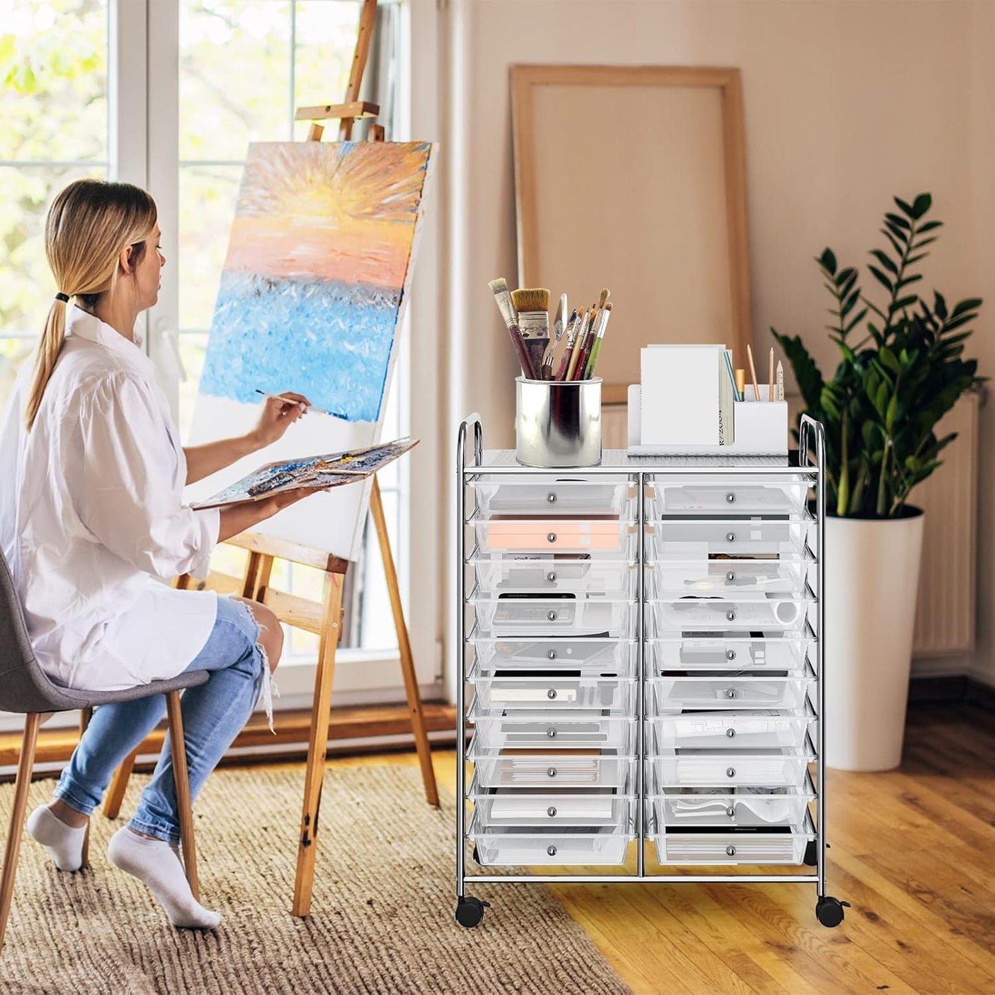 10-Drawer Rolling Storage Cart, Utility Mobile Trolley | Removable Drawers & Universal Casters & 2 Brakes, Versatile Flexible Drawer Organizer Cart for Home, Office (Yellow)