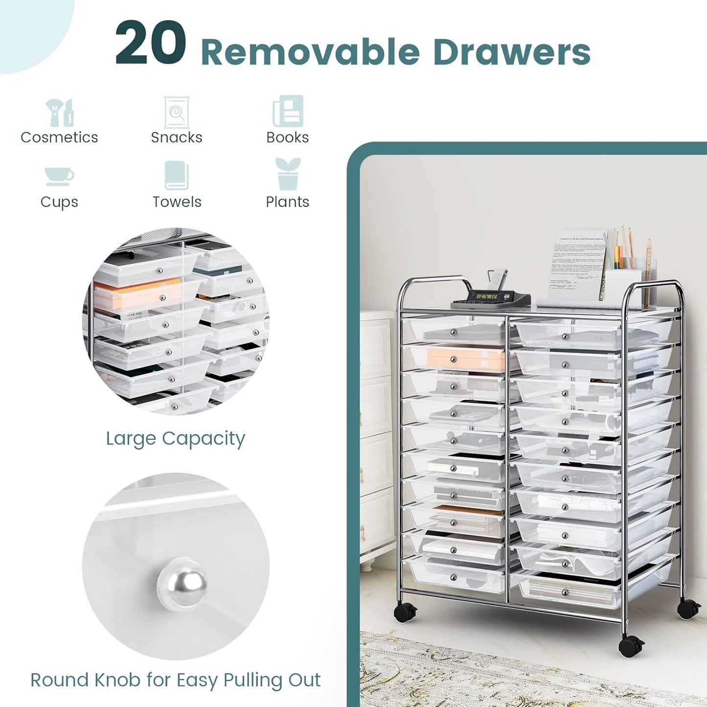 10-Drawer Rolling Storage Cart, Utility Mobile Trolley | Removable Drawers & Universal Casters & 2 Brakes, Versatile Flexible Drawer Organizer Cart for Home, Office (Yellow)