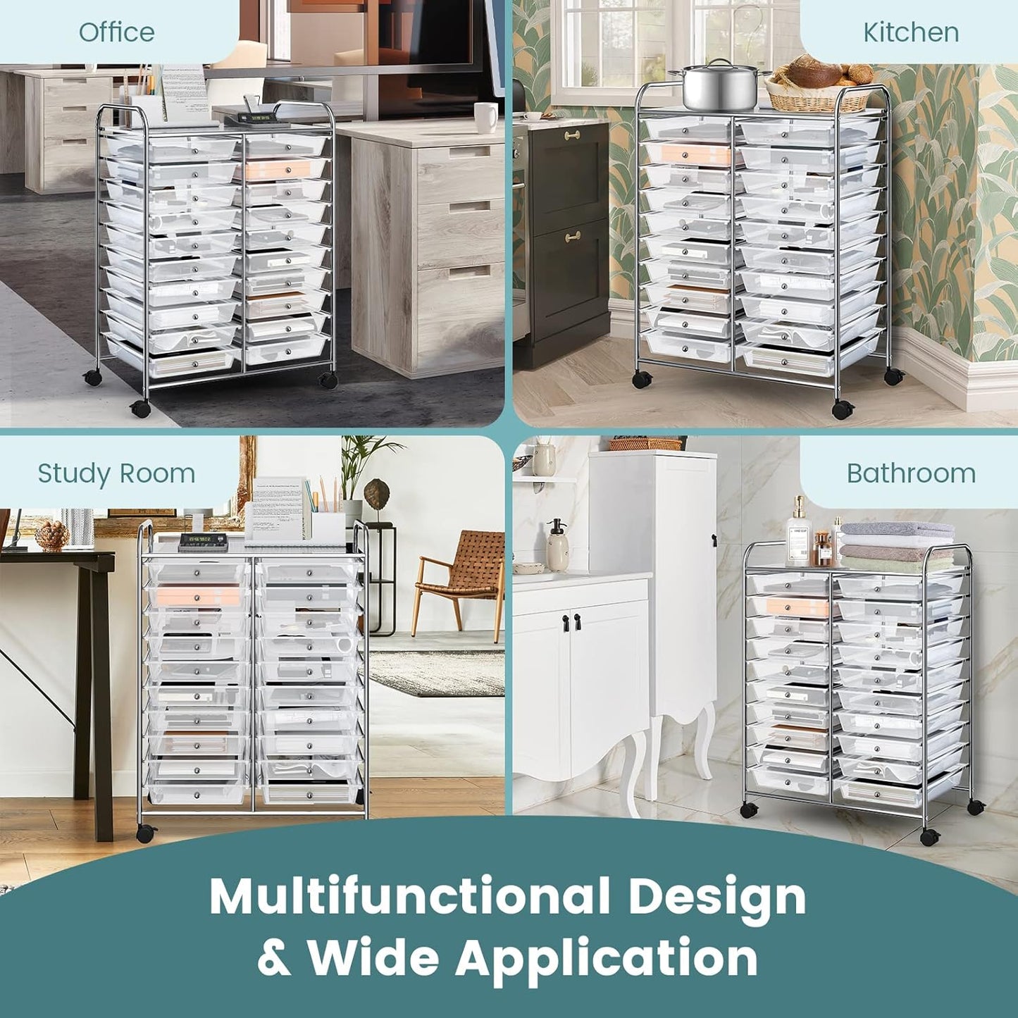 10-Drawer Rolling Storage Cart, Utility Mobile Trolley | Removable Drawers & Universal Casters & 2 Brakes, Versatile Flexible Drawer Organizer Cart for Home, Office (Yellow)