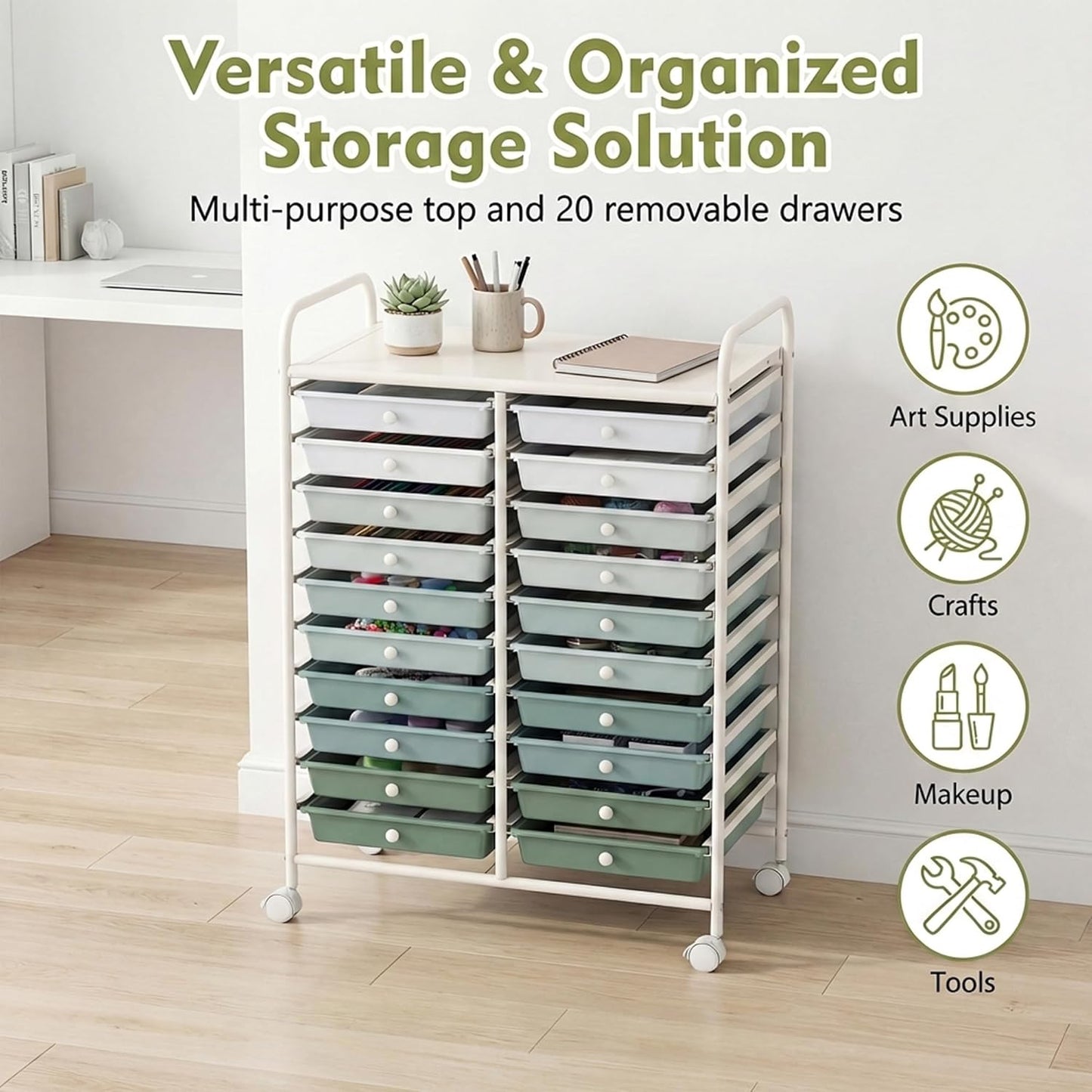 10-Drawer Rolling Storage Cart, Utility Mobile Trolley | Removable Drawers & Universal Casters & 2 Brakes, Versatile Flexible Drawer Organizer Cart for Home, Office (Yellow)