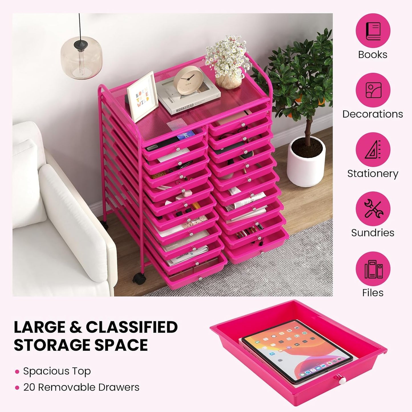 10-Drawer Rolling Storage Cart, Utility Mobile Trolley | Removable Drawers & Universal Casters & 2 Brakes, Versatile Flexible Drawer Organizer Cart for Home, Office (Yellow)