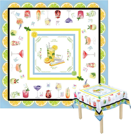 Mahjong Tablecloth 55" x 55" Polyester Square Instructional Design with Rules for Family Game Night Party Favor Supplies (Summer)