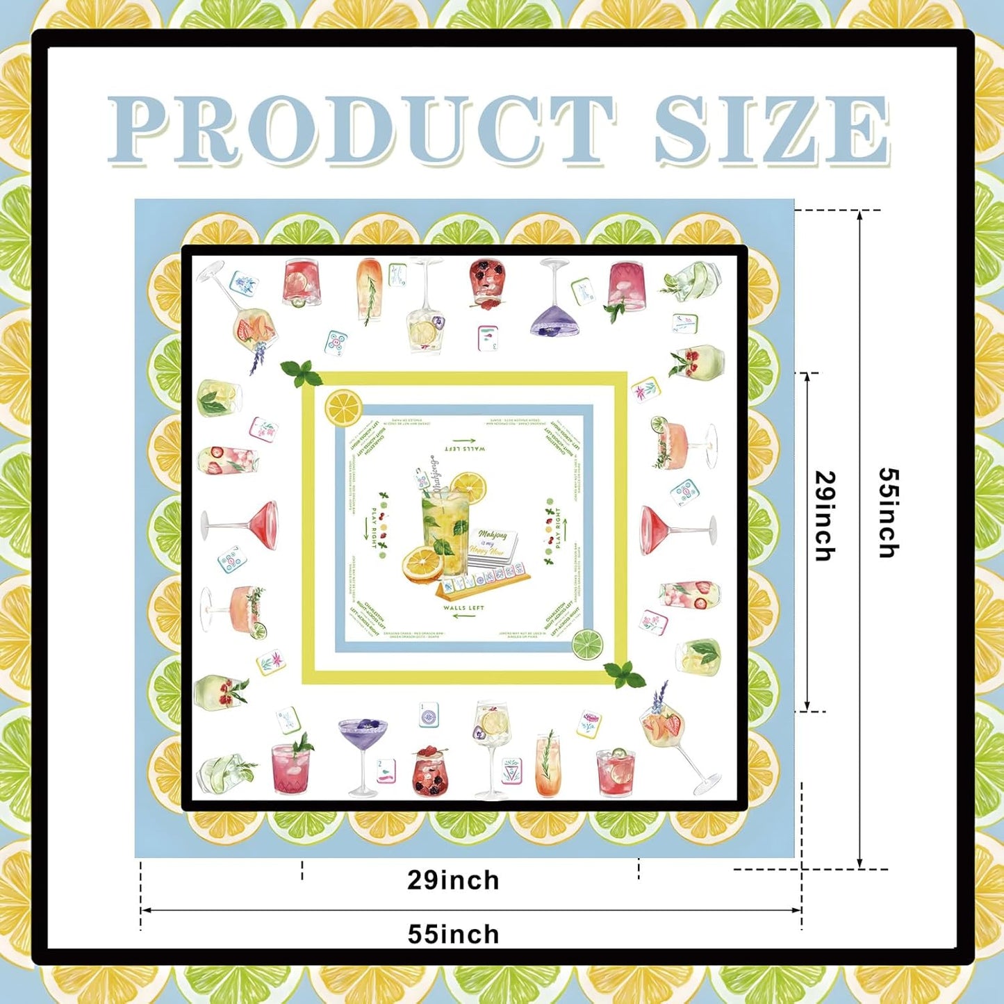Mahjong Tablecloth 55" x 55" Polyester Square Instructional Design with Rules for Family Game Night Party Favor Supplies (Summer)