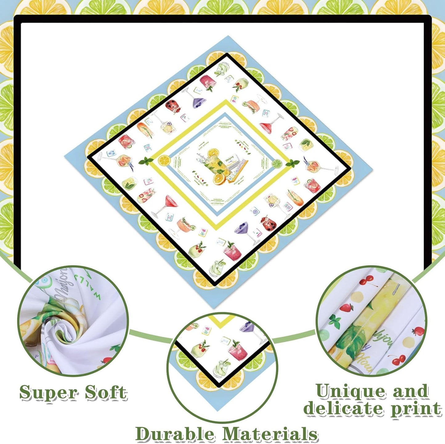 Mahjong Tablecloth 55" x 55" Polyester Square Instructional Design with Rules for Family Game Night Party Favor Supplies (Summer)