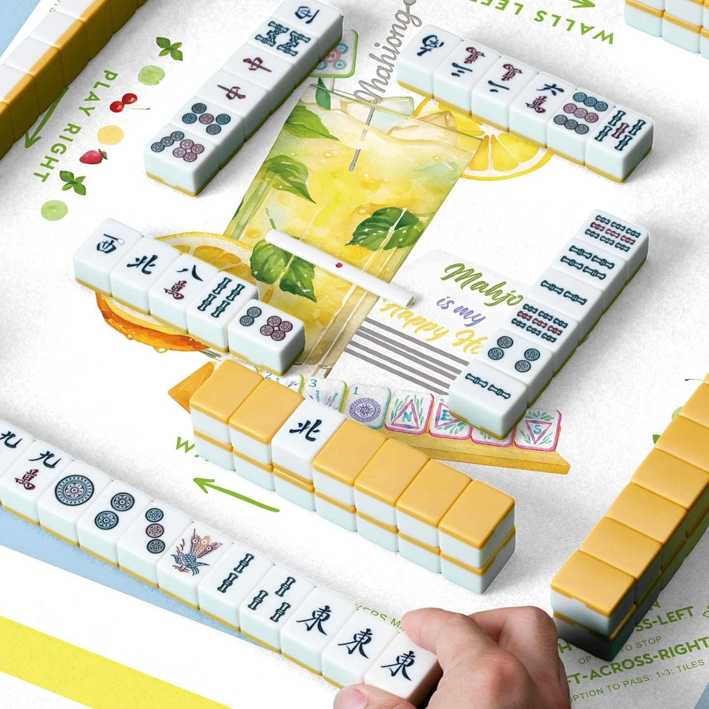 Mahjong Tablecloth 55" x 55" Polyester Square Instructional Design with Rules for Family Game Night Party Favor Supplies (Summer)