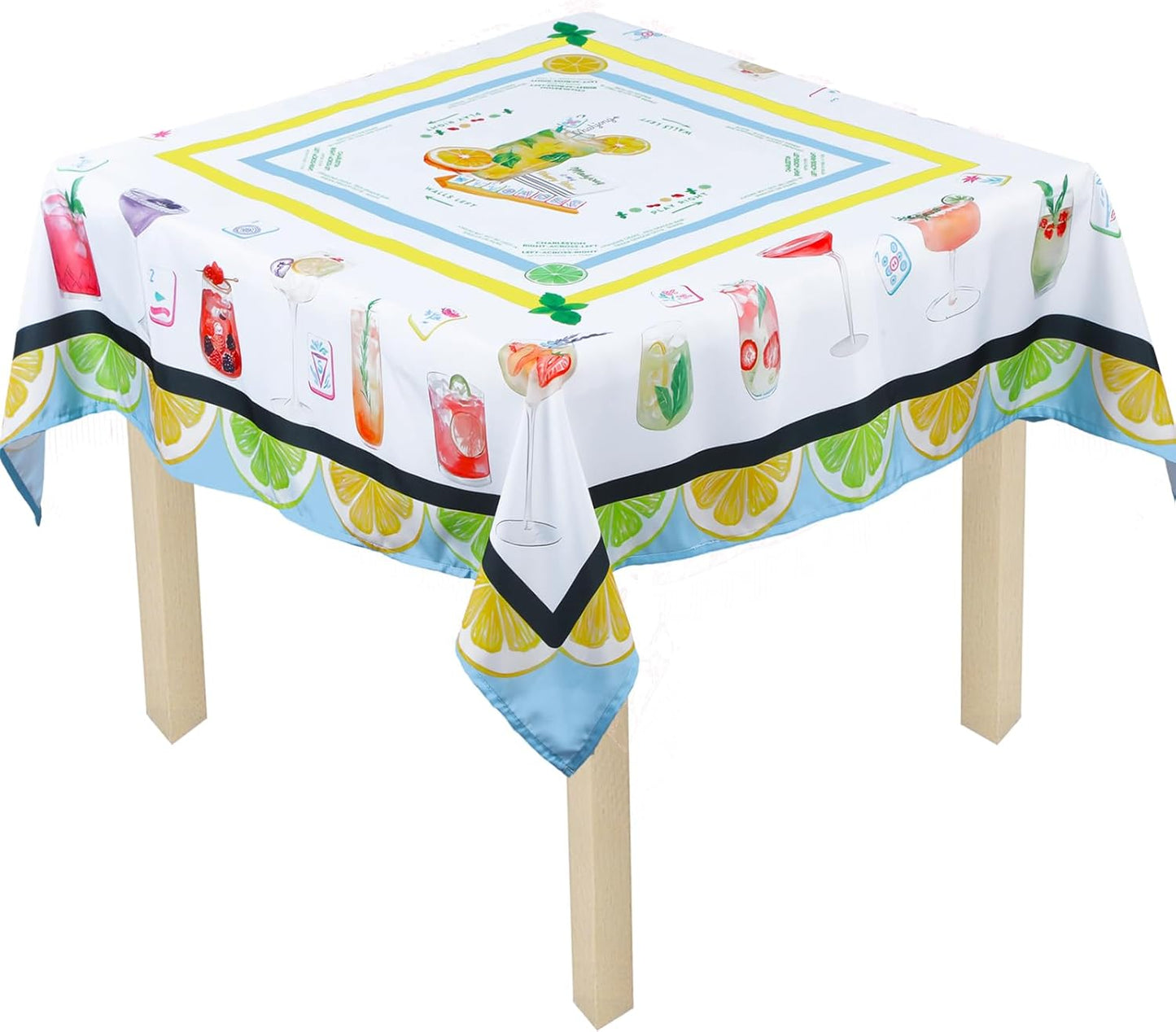 Mahjong Tablecloth 55" x 55" Polyester Square Instructional Design with Rules for Family Game Night Party Favor Supplies (Summer)