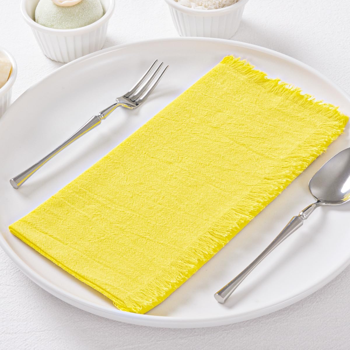 6 Pack Lemon Yellow Cotton Linen Napkins with Fringe Summer Cloth Napkins Set of 6 Boho Handmade Dinner Napkins Bulk for Wedding Bridal Baby Shower Parties, 17 x 17 Inches