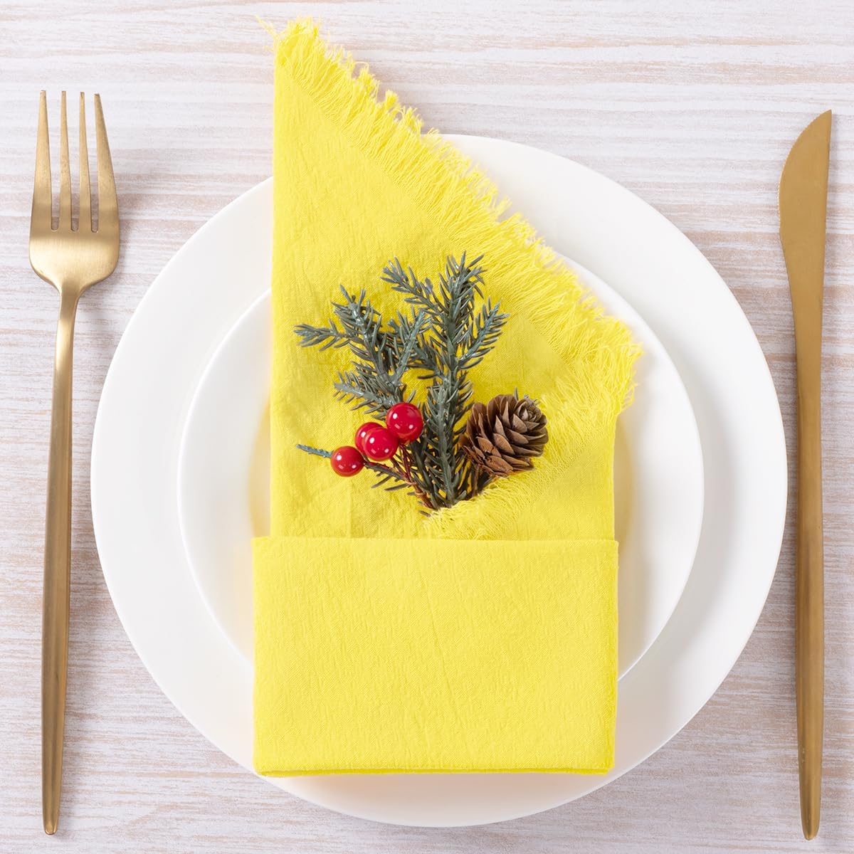 6 Pack Lemon Yellow Cotton Linen Napkins with Fringe Summer Cloth Napkins Set of 6 Boho Handmade Dinner Napkins Bulk for Wedding Bridal Baby Shower Parties, 17 x 17 Inches
