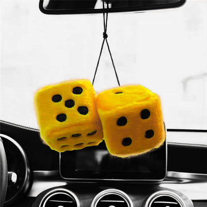 Pair of 3 Inch Fuzzy Dice for Car Mirror, Retro Plush, Yellow | Fits most sedans, SUVs, trucks, soft foam fill, lightweight profile, tool-free hanging setup, automotive interior accessories
