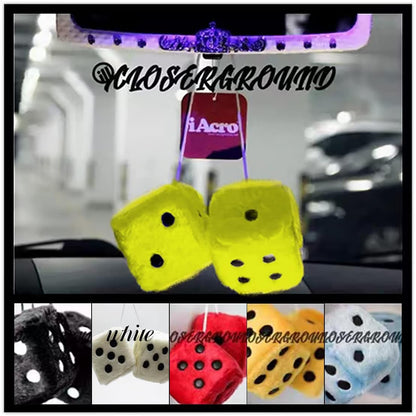 Pair of 3 Inch Fuzzy Dice for Car Mirror, Retro Plush, Yellow | Fits most sedans, SUVs, trucks, soft foam fill, lightweight profile, tool-free hanging setup, automotive interior accessories