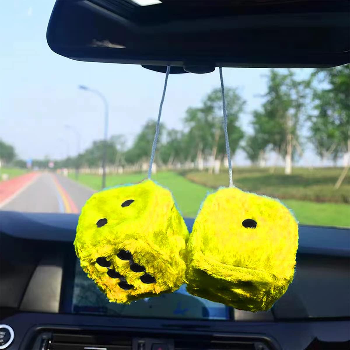 Pair of 3 Inch Fuzzy Dice for Car Mirror, Retro Plush, Yellow | Fits most sedans, SUVs, trucks, soft foam fill, lightweight profile, tool-free hanging setup, automotive interior accessories