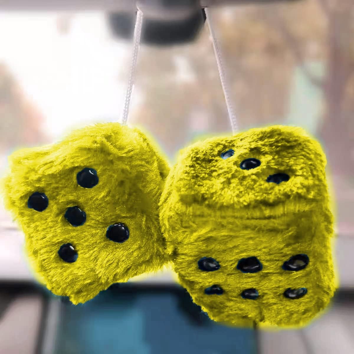 Pair of 3 Inch Fuzzy Dice for Car Mirror, Retro Plush, Yellow | Fits most sedans, SUVs, trucks, soft foam fill, lightweight profile, tool-free hanging setup, automotive interior accessories