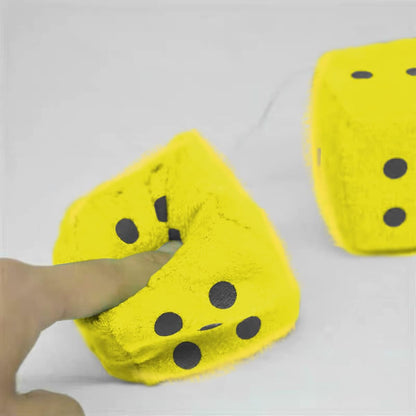 Pair of 3 Inch Fuzzy Dice for Car Mirror, Retro Plush, Yellow | Fits most sedans, SUVs, trucks, soft foam fill, lightweight profile, tool-free hanging setup, automotive interior accessories