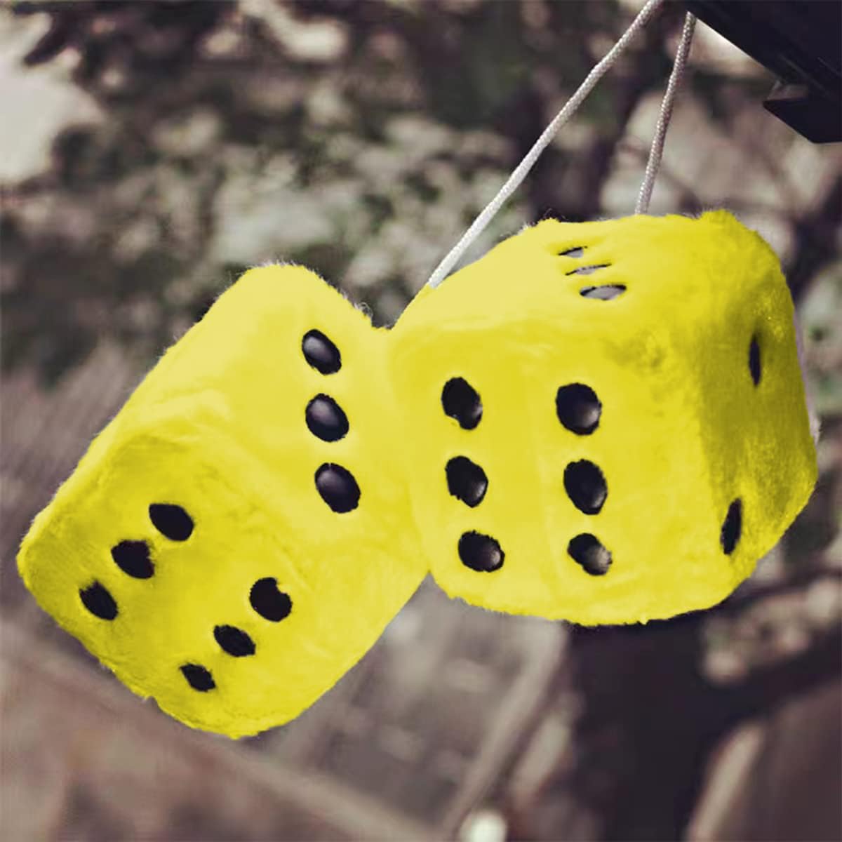 Pair of 3 Inch Fuzzy Dice for Car Mirror, Retro Plush, Yellow | Fits most sedans, SUVs, trucks, soft foam fill, lightweight profile, tool-free hanging setup, automotive interior accessories
