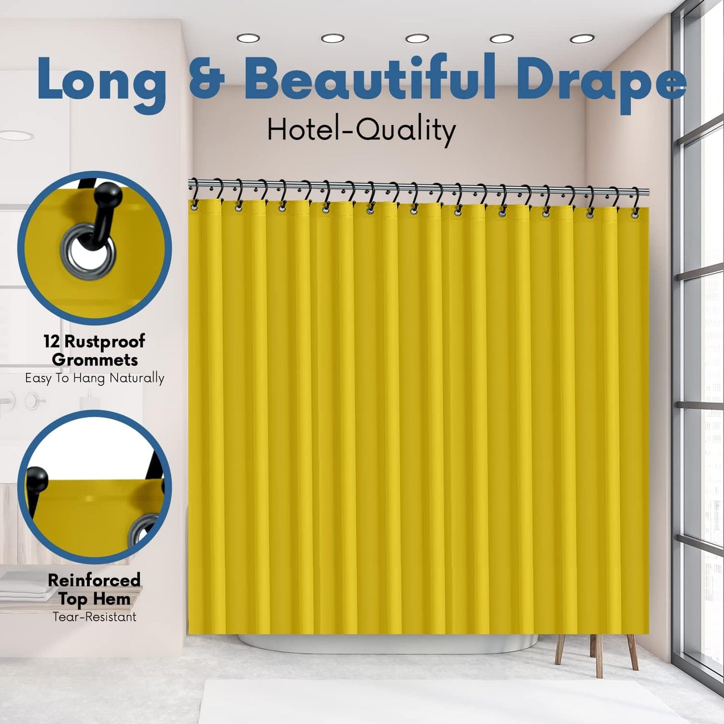 No Smell Shower Curtain Liner 72x72 Yellow - PEVA Plastic Shower Curtain for Bathroom, PVC-Free Waterproof Yellow Shower Liner with Metal Grommets and Magnet-Weighted Bottom Hem - Washable Liner