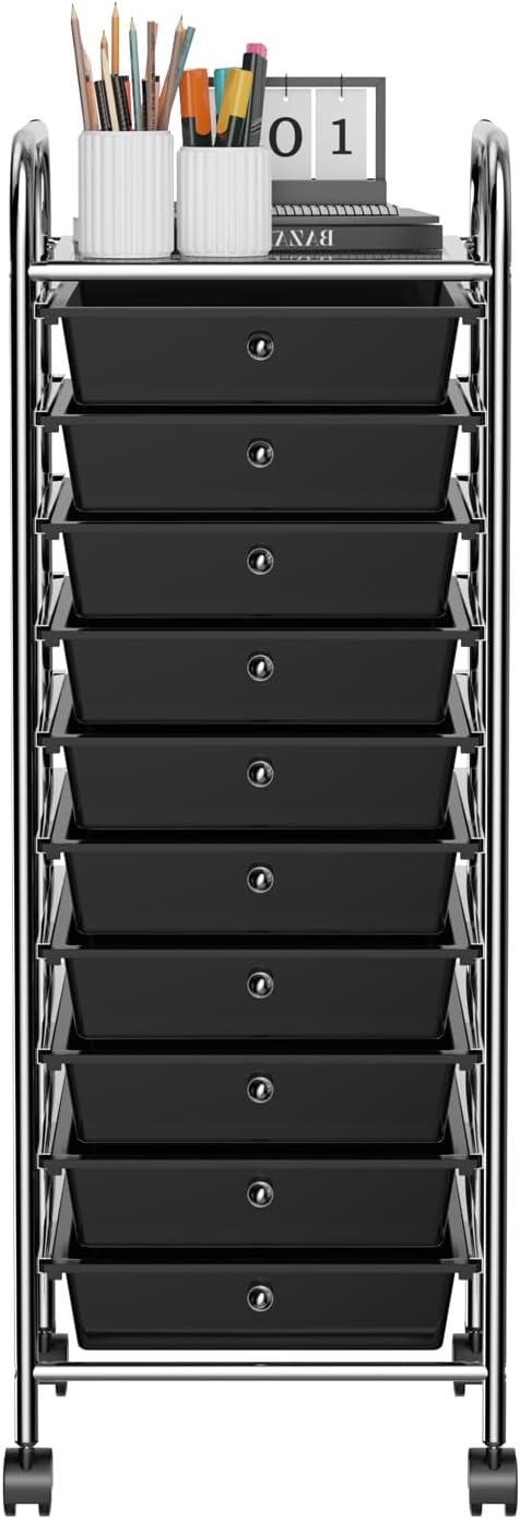 Storage Cart, Rolling Utility Cart with 10 Drawers, Portable Handles & Lockable Wheels, Mobile Paper Toys Storage Organizer Large Capacity for Home Office School Teacher (Yellow)