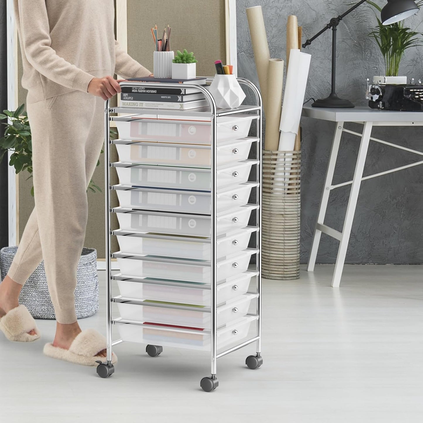 Storage Cart, Rolling Utility Cart with 10 Drawers, Portable Handles & Lockable Wheels, Mobile Paper Toys Storage Organizer Large Capacity for Home Office School Teacher (Yellow)