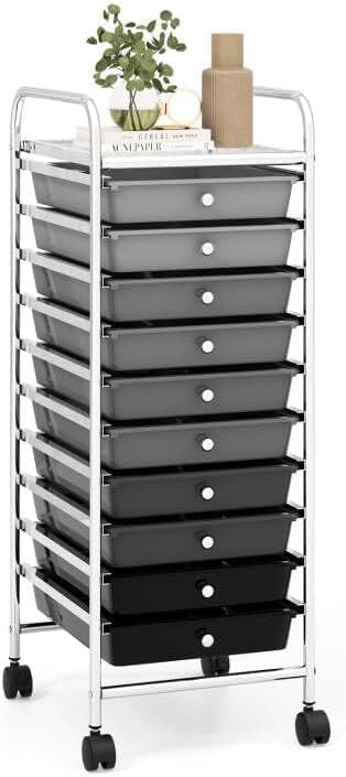 Storage Cart, Rolling Utility Cart with 10 Drawers, Portable Handles & Lockable Wheels, Mobile Paper Toys Storage Organizer Large Capacity for Home Office School Teacher (Yellow)