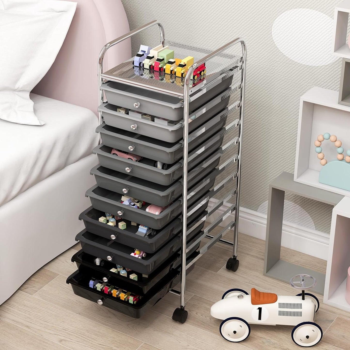 Storage Cart, Rolling Utility Cart with 10 Drawers, Portable Handles & Lockable Wheels, Mobile Paper Toys Storage Organizer Large Capacity for Home Office School Teacher (Yellow)