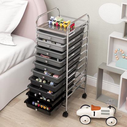 Storage Cart, Rolling Utility Cart with 10 Drawers, Portable Handles & Lockable Wheels, Mobile Paper Toys Storage Organizer Large Capacity for Home Office School Teacher (Yellow)