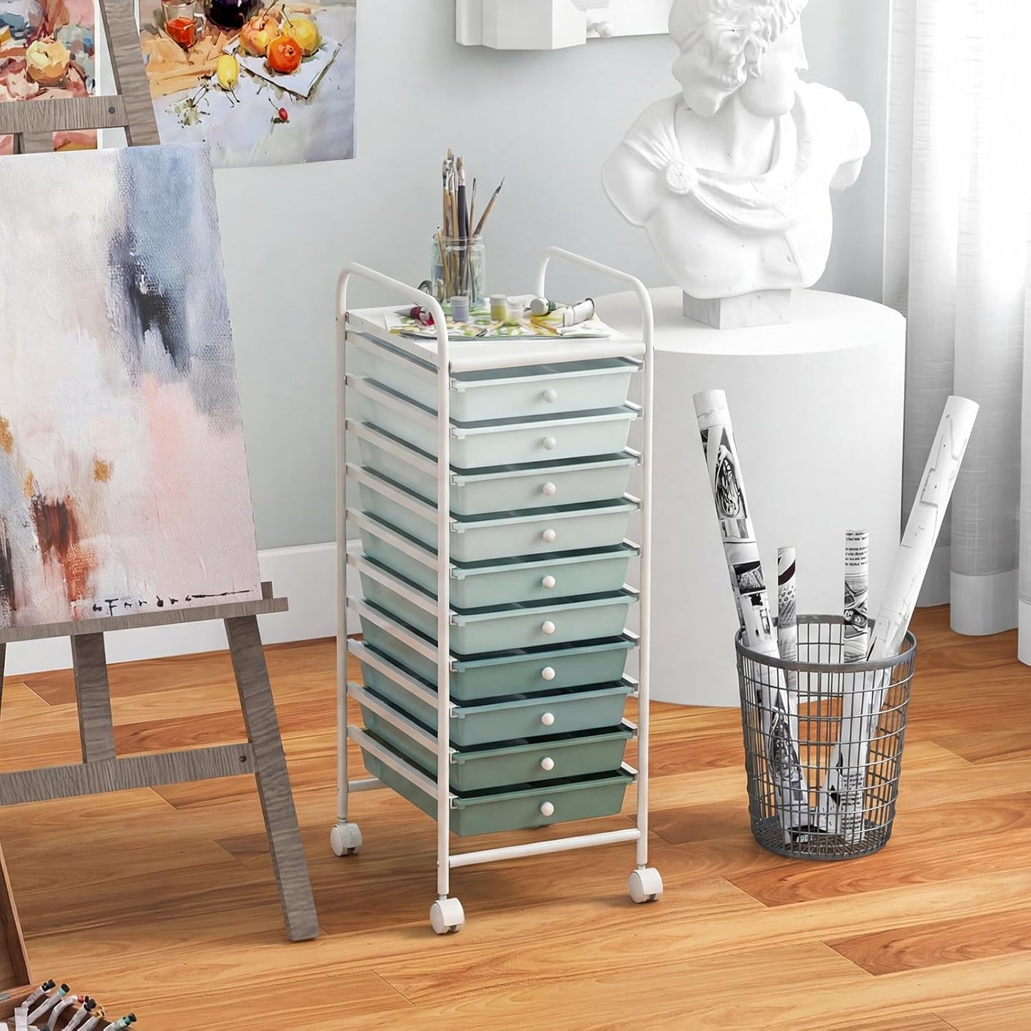 Storage Cart, Rolling Utility Cart with 10 Drawers, Portable Handles & Lockable Wheels, Mobile Paper Toys Storage Organizer Large Capacity for Home Office School Teacher (Yellow)