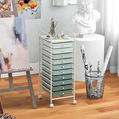 Storage Cart, Rolling Utility Cart with 10 Drawers, Portable Handles & Lockable Wheels, Mobile Paper Toys Storage Organizer Large Capacity for Home Office School Teacher (Yellow)