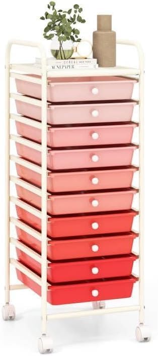 Storage Cart, Rolling Utility Cart with 10 Drawers, Portable Handles & Lockable Wheels, Mobile Paper Toys Storage Organizer Large Capacity for Home Office School Teacher (Yellow)