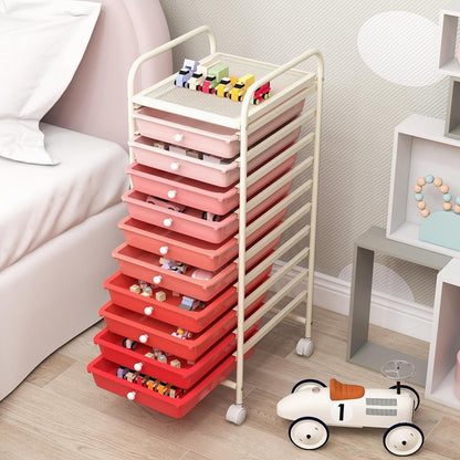Storage Cart, Rolling Utility Cart with 10 Drawers, Portable Handles & Lockable Wheels, Mobile Paper Toys Storage Organizer Large Capacity for Home Office School Teacher (Yellow)