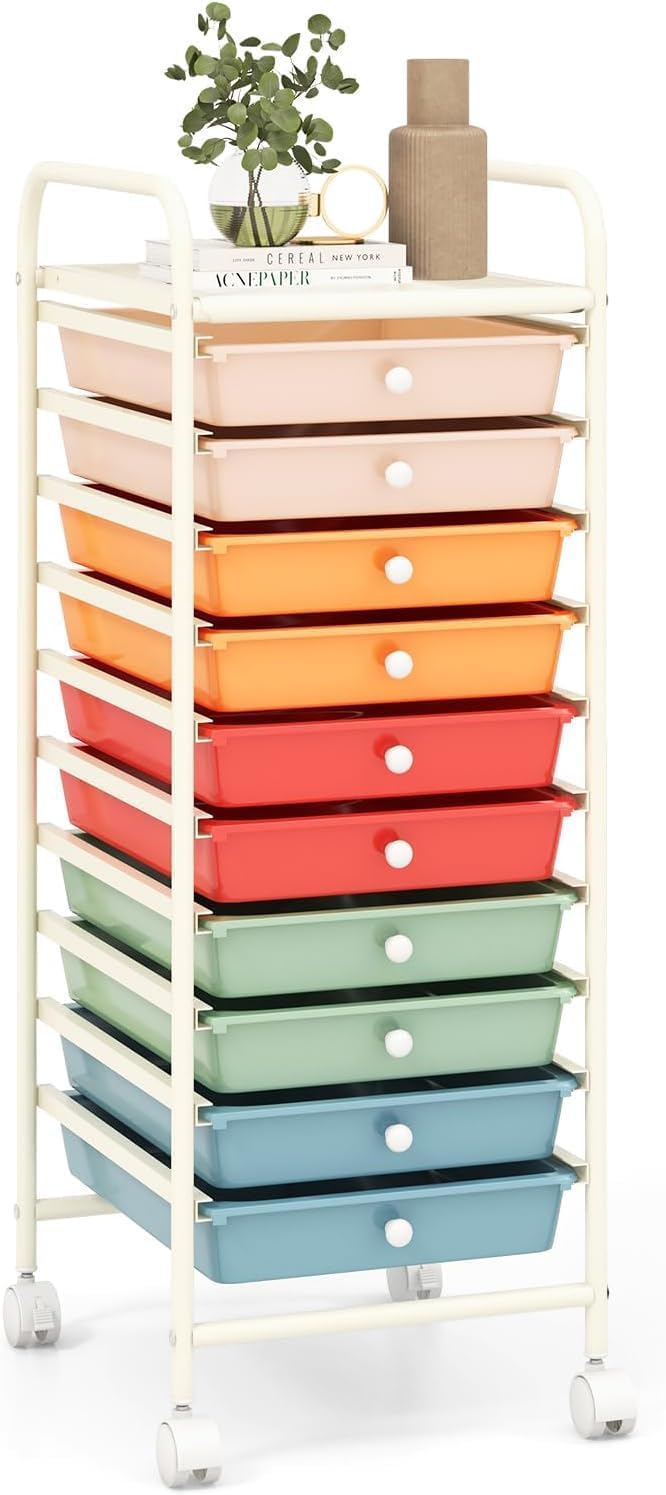Storage Cart, Rolling Utility Cart with 10 Drawers, Portable Handles & Lockable Wheels, Mobile Paper Toys Storage Organizer Large Capacity for Home Office School Teacher (Yellow)