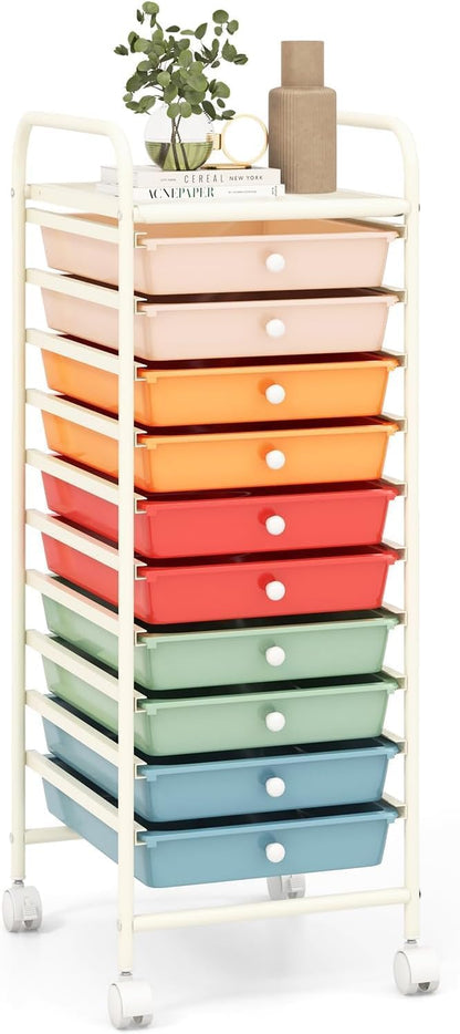 Storage Cart, Rolling Utility Cart with 10 Drawers, Portable Handles & Lockable Wheels, Mobile Paper Toys Storage Organizer Large Capacity for Home Office School Teacher (Yellow)