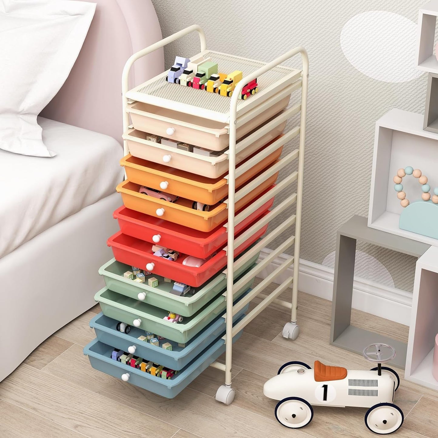 Storage Cart, Rolling Utility Cart with 10 Drawers, Portable Handles & Lockable Wheels, Mobile Paper Toys Storage Organizer Large Capacity for Home Office School Teacher (Yellow)
