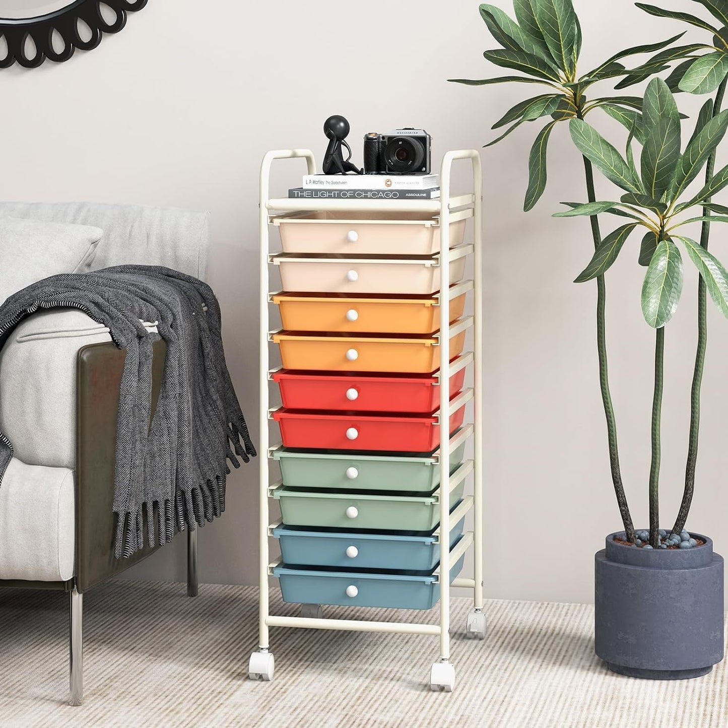 Storage Cart, Rolling Utility Cart with 10 Drawers, Portable Handles & Lockable Wheels, Mobile Paper Toys Storage Organizer Large Capacity for Home Office School Teacher (Yellow)