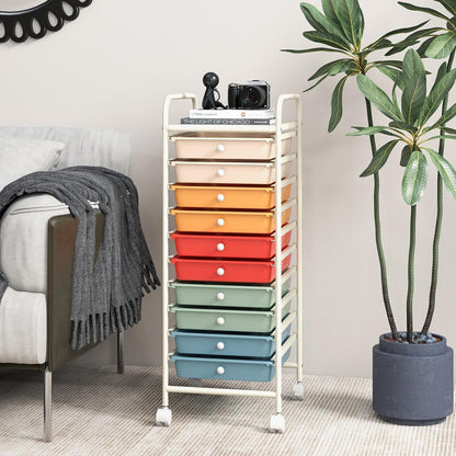 Storage Cart, Rolling Utility Cart with 10 Drawers, Portable Handles & Lockable Wheels, Mobile Paper Toys Storage Organizer Large Capacity for Home Office School Teacher (Yellow)