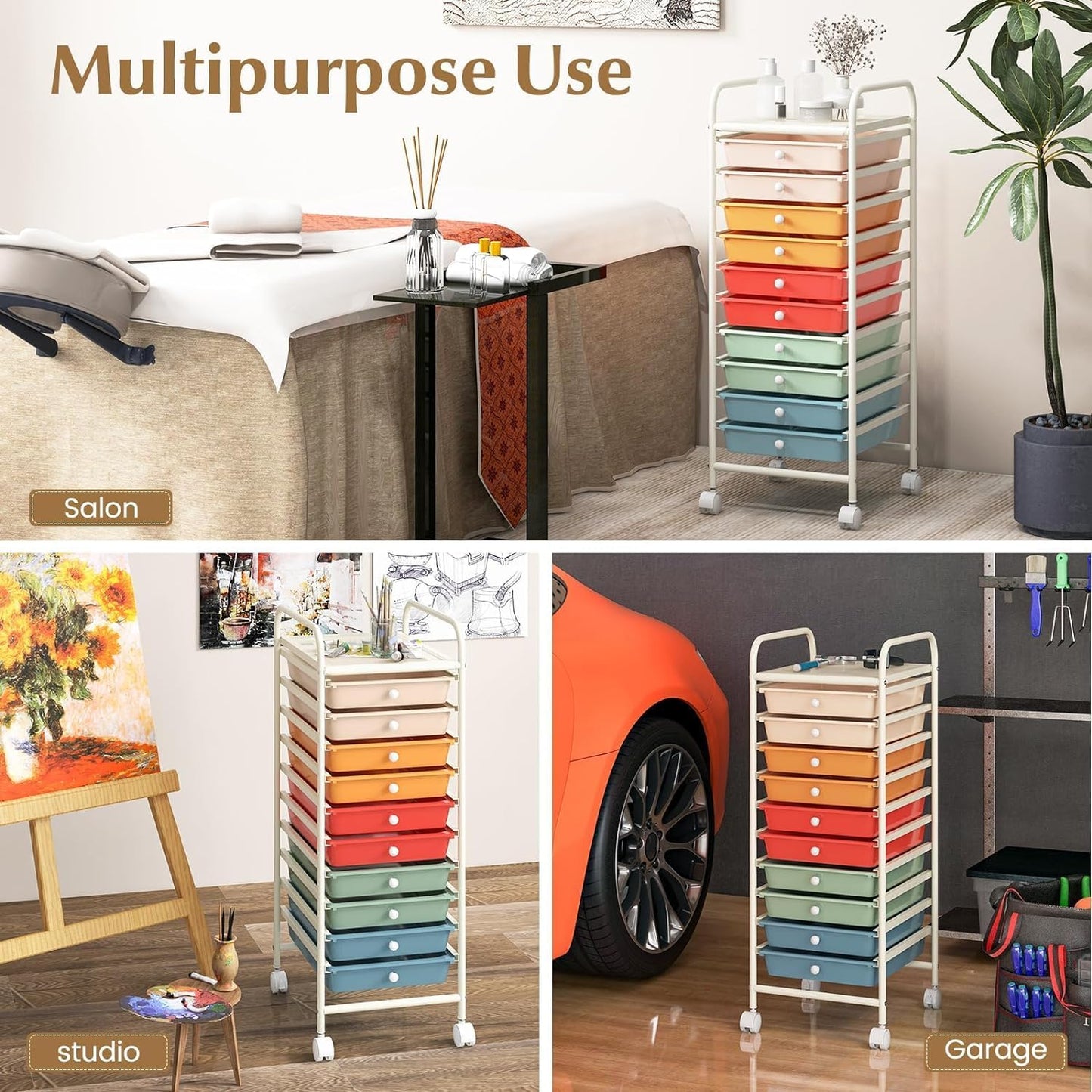 Storage Cart, Rolling Utility Cart with 10 Drawers, Portable Handles & Lockable Wheels, Mobile Paper Toys Storage Organizer Large Capacity for Home Office School Teacher (Yellow)