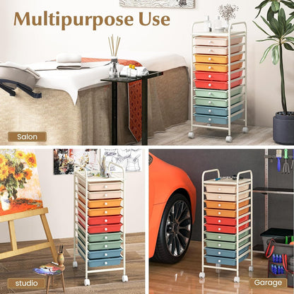 Storage Cart, Rolling Utility Cart with 10 Drawers, Portable Handles & Lockable Wheels, Mobile Paper Toys Storage Organizer Large Capacity for Home Office School Teacher (Yellow)
