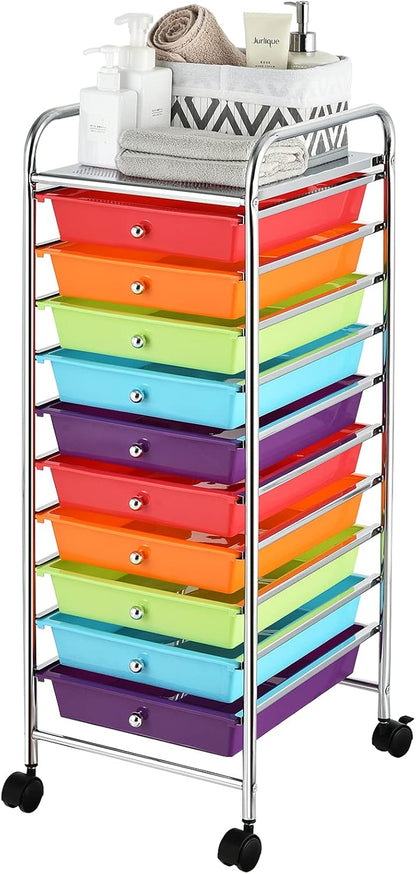 Storage Cart, Rolling Utility Cart with 10 Drawers, Portable Handles & Lockable Wheels, Mobile Paper Toys Storage Organizer Large Capacity for Home Office School Teacher (Yellow)