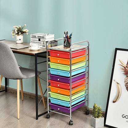 Storage Cart, Rolling Utility Cart with 10 Drawers, Portable Handles & Lockable Wheels, Mobile Paper Toys Storage Organizer Large Capacity for Home Office School Teacher (Yellow)