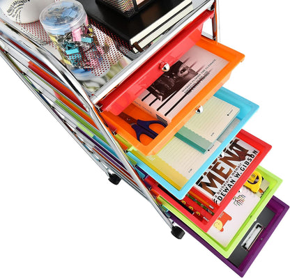 Storage Cart, Rolling Utility Cart with 10 Drawers, Portable Handles & Lockable Wheels, Mobile Paper Toys Storage Organizer Large Capacity for Home Office School Teacher (Yellow)