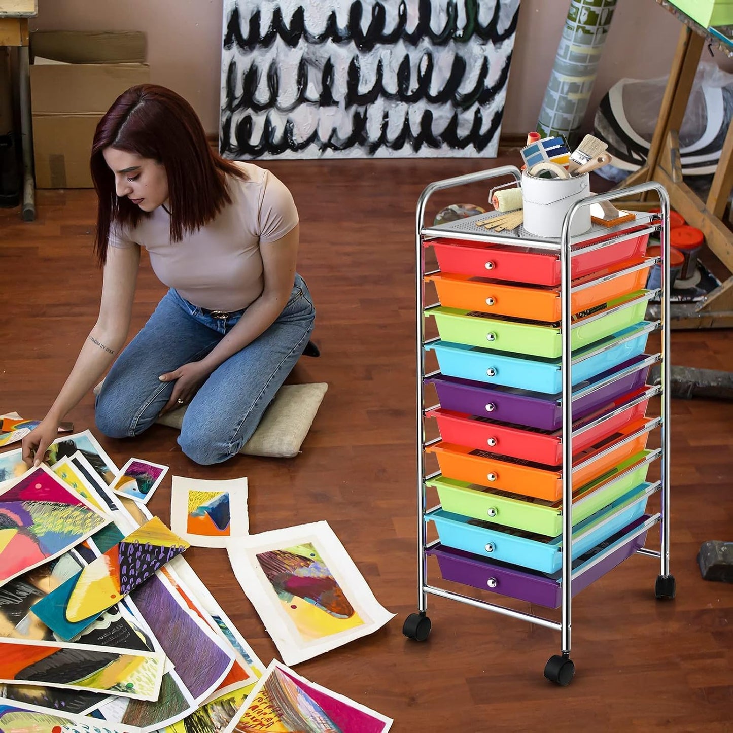 Storage Cart, Rolling Utility Cart with 10 Drawers, Portable Handles & Lockable Wheels, Mobile Paper Toys Storage Organizer Large Capacity for Home Office School Teacher (Yellow)