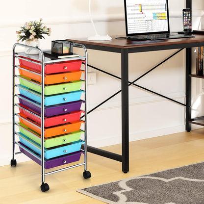 Storage Cart, Rolling Utility Cart with 10 Drawers, Portable Handles & Lockable Wheels, Mobile Paper Toys Storage Organizer Large Capacity for Home Office School Teacher (Yellow)
