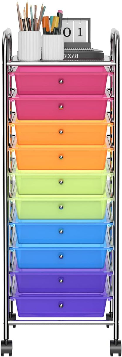 Storage Cart, Rolling Utility Cart with 10 Drawers, Portable Handles & Lockable Wheels, Mobile Paper Toys Storage Organizer Large Capacity for Home Office School Teacher (Yellow)
