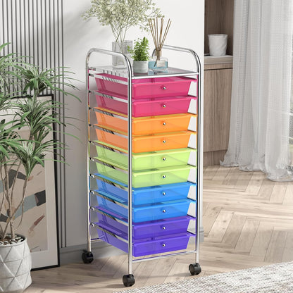 Storage Cart, Rolling Utility Cart with 10 Drawers, Portable Handles & Lockable Wheels, Mobile Paper Toys Storage Organizer Large Capacity for Home Office School Teacher (Yellow)