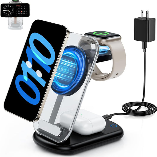 2026 Traveling Wireless Mag-Safe Fast Charging Station,Magnetic 3 in 1 Charger with Light for iPhone 16 15 14 13 12 Pro Max Plus,Apple Watch Series & Air pods 4 3 2 Pro-Gifts for Wife & Husband